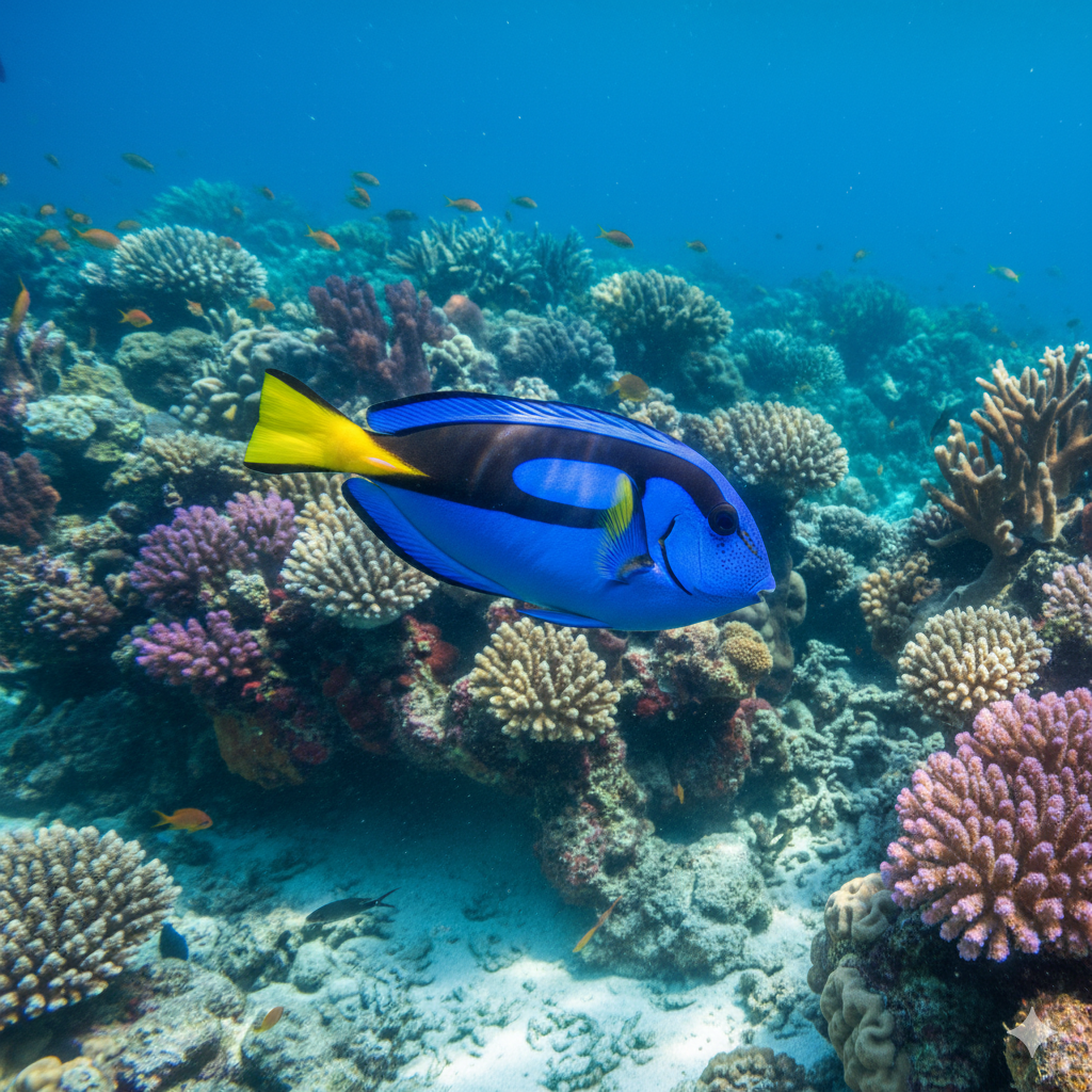 Blue tang fish swimming near coral reef in tropical saltwater ocean
