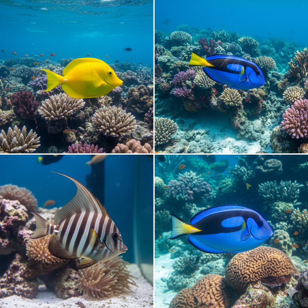 Different types of tang fish species including yellow tang, blue tang, and sailfin tang