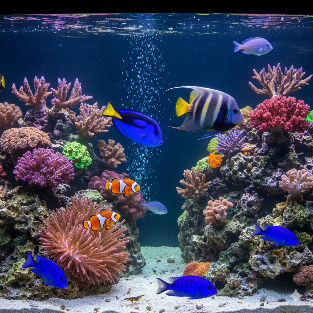 Exotic pet fish including tang fish, clownfish, and angelfish in a colorful aquarium