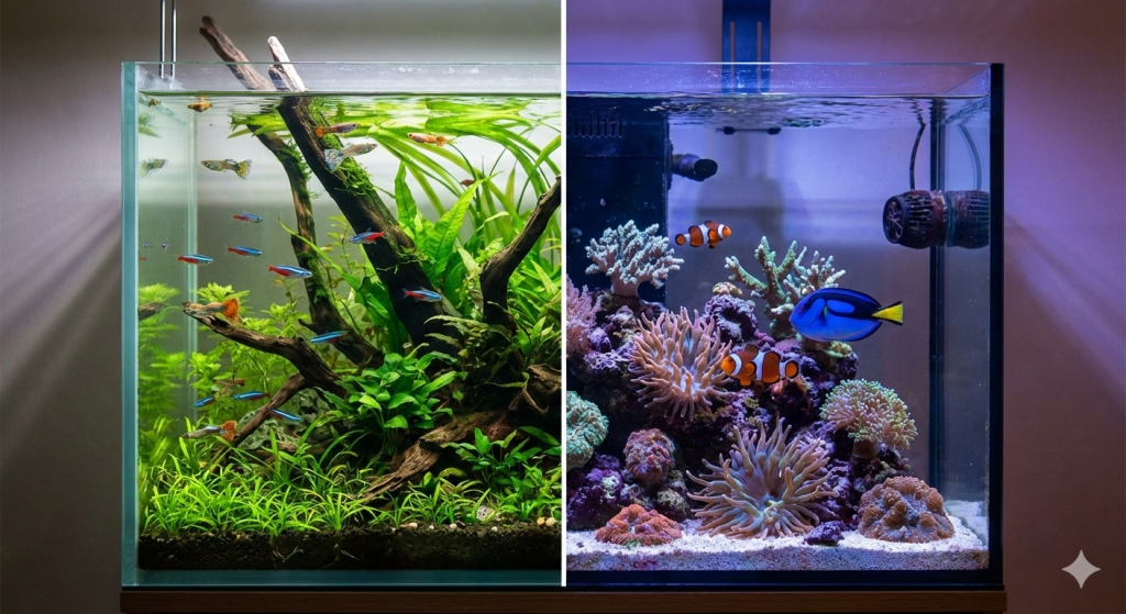 Freshwater aquarium vs saltwater aquarium comparison showing fish and tank differences