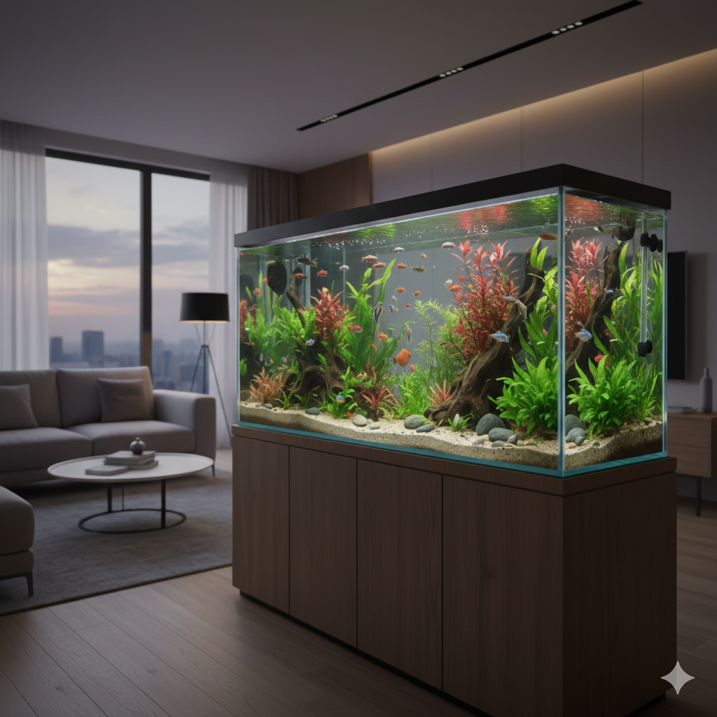Home aquarium with colorful pet fish creating a calming and decorative environment