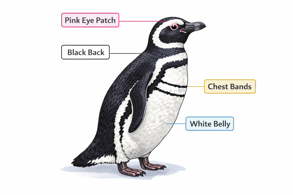 Magellanic penguin with black back, white belly, chest bands, and pink eye patch.