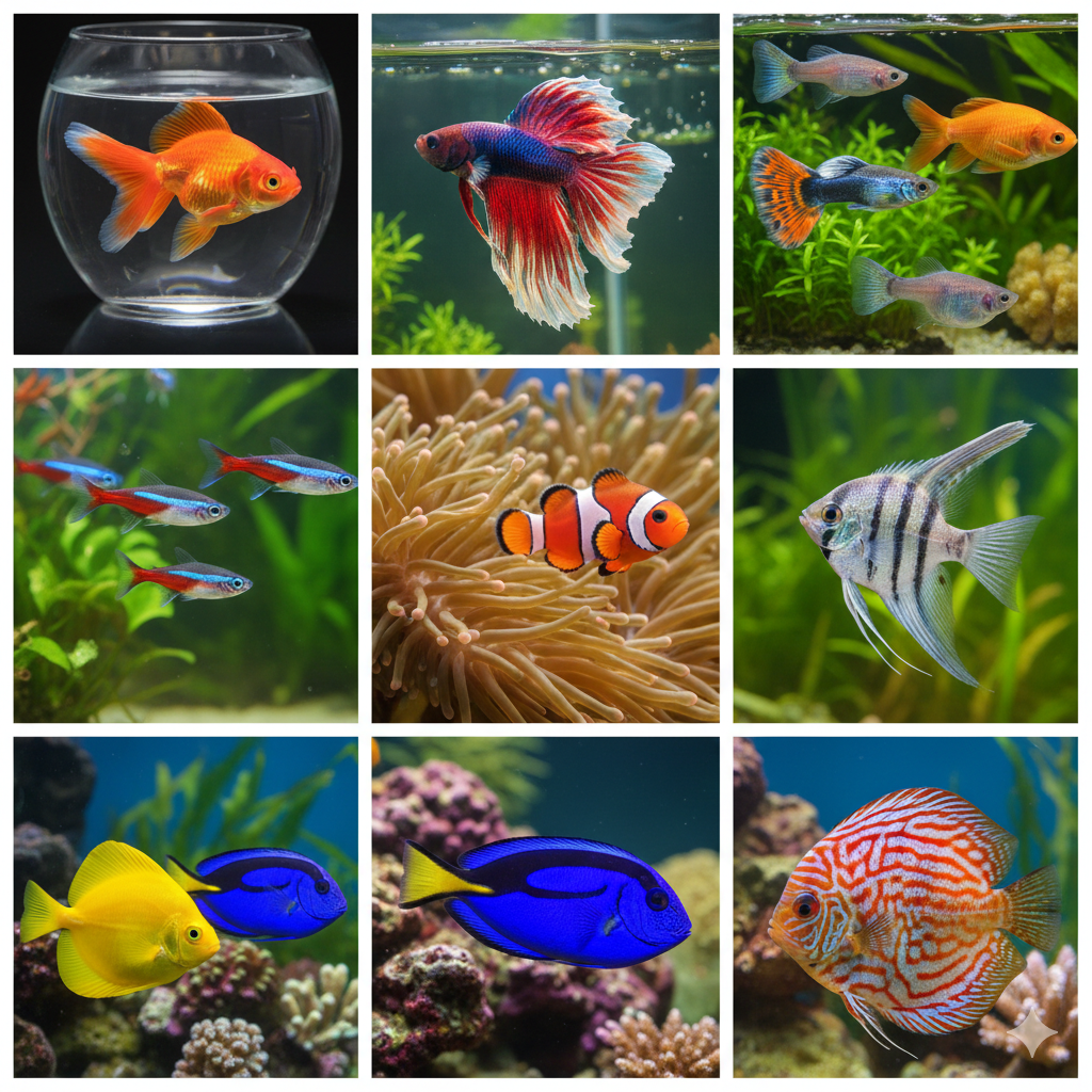 Types of pet fish including freshwater and saltwater fish species commonly kept in aquariums