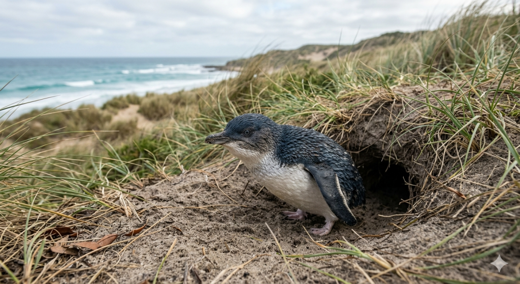 A fairy penguin coming out of a burrow surrounded by grasssand dunes