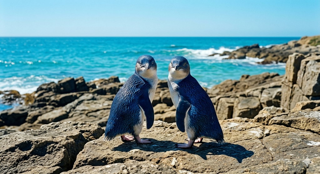 Two adult fairy penguins standing together on rocks near the ocean